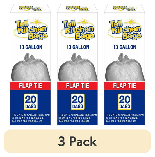 (3 Pack)  Basic Kitchen Trash Bags, 13 Gallon, 20 Bags (Flap Tie)