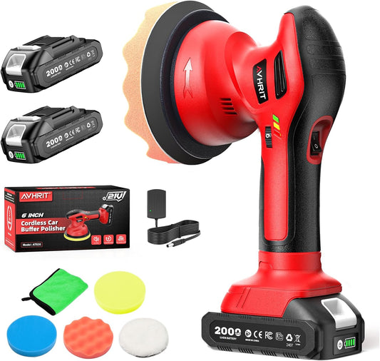 Cordless Car Buffer Polisher Kit W/ 2X2000Mah 21V Batteries, 6 Inch Car Buffer Waxer Kit W/ 6 Variable Speed & Extra Attachments, Polisher for Car Detailing,Boat Sanding,Scratch Removing